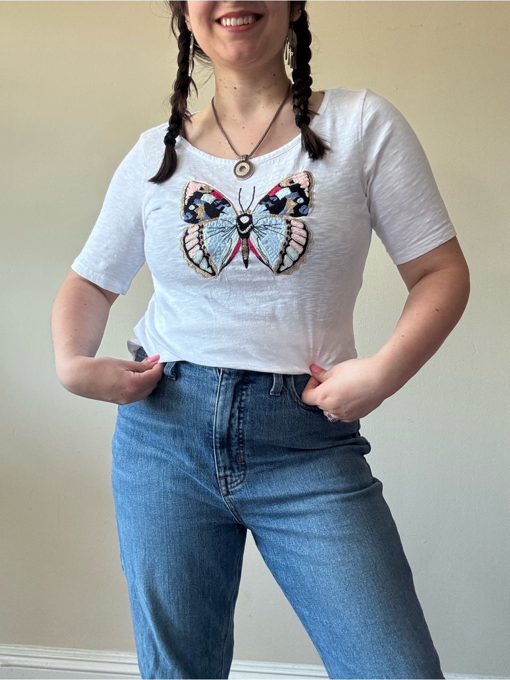Talbots White Short-Sleeve Tee with Multicolor Butterfly Applique